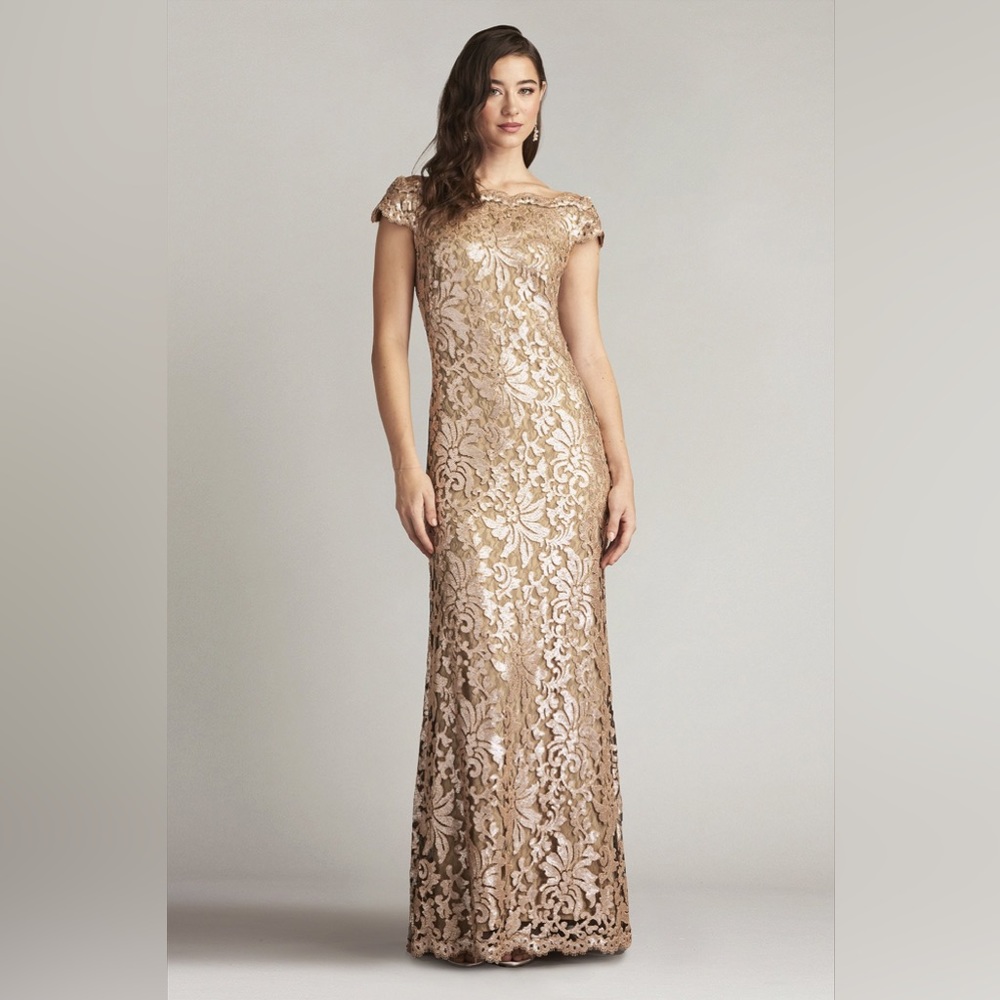 PAILLETTE EMBROIDERED OFF SHOULDER GOWN. Perfect for Mother of the Bride!